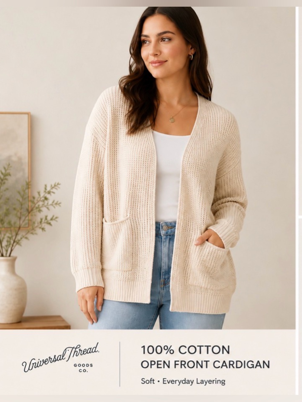 Universal Thread M/L 100% Cotton Open Front Cardigan Sweater Cream Knit Relaxed